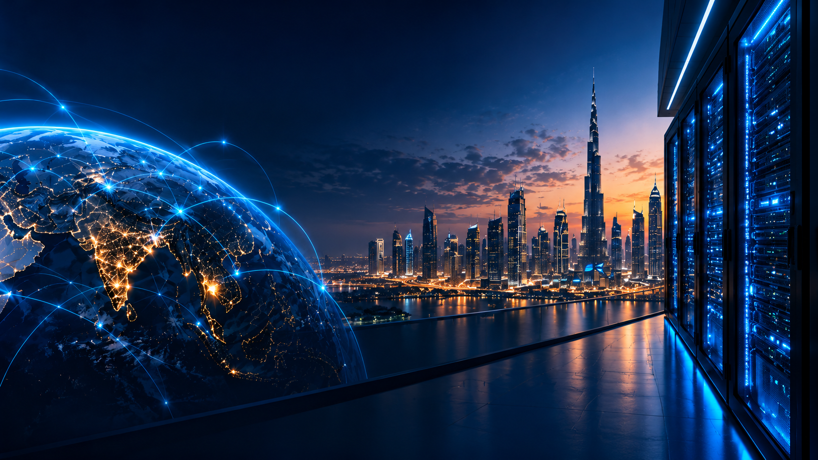 Illuminated globe with India lit up and network arcs, the Dubai skyline at dusk over water, and an enterprise data centre — representing ENSEIGNER's India-proven, UAE-based, GCC-focused reach